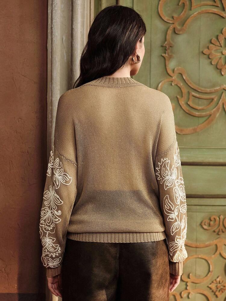 Elegant Maillard Color Women's Autumn Knitted T-Shirt With 3D Embroidery, Long Sleeve Sweater For Women, Suitable For Autumn, Fall, Winter, Going Out, Elegant, Formal, Chic, New Year, Christmas, Graduation, Casual, Christmas Sweater