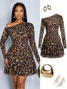 SOLERSUN 高端简约优雅性感通勤女士秋冬服装，派对/外出装，腰部聚拢豹纹针织网眼塑身露肩女式迷你连衣裙，返校季少女下摆俱乐部风格（随机花卉）秋季女装冬季女装返校节礼服感恩节女装返校服教师装万圣节节日气球裙，猎豹印花连衣裙 - 棕色 - 查看 4