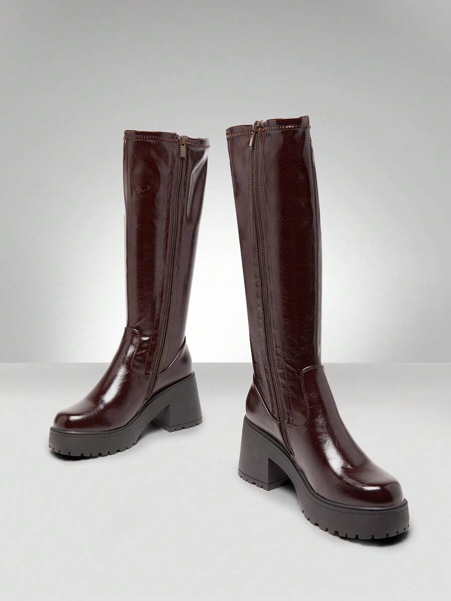 Solezae 女式舒适弹力材质厚底及膝靴 - 棕色 - 查看 1