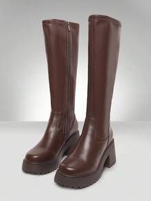 Solezae Women's Comfortable Stretch Material Chunky Lug Sole Knee High Boots - Brown - View 5