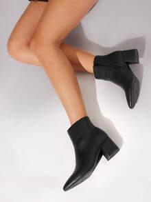 Solezae Women's Comfortable & Fashionable Faux Leather Pointy Toe Zip-Up Block Heel Ankle Booties - Black - View 2