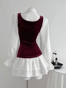 Elamini 2 Stücke Damen Lässig Samt ärmelloses Top und Kleid mit Rüschensaum an den Ärmeln, geeignet für Ausflüge und Zusammenkünfte, Herbst/Winter