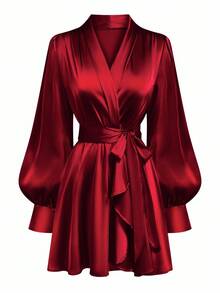 Auvina Váy nữ cỡ lớn tay bồng, cổ chữ V, thắt eo, dáng chữ A, viền loe thanh lịch - Màu Đỏ Sâu - Xem 5