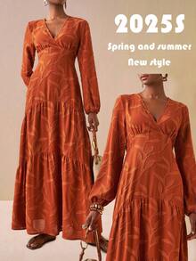 Zivah 2025 Fall Early Autumn New Arrival, Suitable For Birthday Party, Back To School, Campus Style, Daily Wear, Casual, Vacation, Cruise Travel, Beach, Sunbathing, Fashionable, Streetwear, Elegant, Commute, Business Casual V-Neck Long Lantern Sleeve, Waist Cinched A-Line, Multi-Layer Ruching, Extra-Wide A-Line, Brown Cutout Fabric, Early Autumn Extra-Long Dress, Women Maxi Dress - Brown - View 2