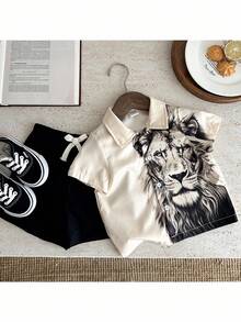 SHEIN 2 件套婴儿男孩/女孩休闲舒适时尚街头服饰狮子印花衬衫和短裤套装，适合春夏季 - 卡其色 - 查看 1