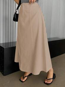Dazy Plus Plus Size A-Line Loose Long Denim White Skirt Fall/Winter - Khaki - View 5