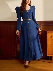 Vintamour Women's Fashion Casual Leg-Of-Mutton Sleeve Heart Collar Denim Dress Long Sleeve Denim Dress Denim Maxi Dress Blue Jean Dress Button Down Denim Dress Denim Dress With Puff Sleeves Puff Sleeve Denim Dress Denim Dress With Buttons Blue Jean Dresses For Women - Dark Wash - View 8