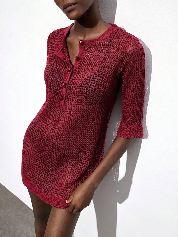 SHEIN Maija Vestido de suéter de manga larga 3/4 con cuello redondo, holgado y de tejido texturizado semitransparente para mujer. Diseño versátil para uso casual, bohemio y en festivales de música country, con puños fruncidos.