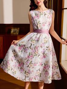 Vintamour Vintage Classic Elegant Party Women's Dress, Autumn/Winter, Fitted Waist Tie Dress, Bowknot Dress, Floral Print Dress, Pink Flared Dress, Sleeveless Dress Autumn Clothes Elegant Women's Dresses