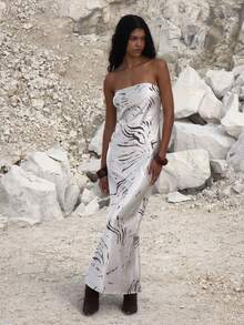 MUSERA 动物纹直筒无肩带缎面长裙，适合夜晚外出、生日等场合，优雅迷人，秋季、春夏、假期、毕业典礼等场合皆宜。 - 彩色 - 查看 5