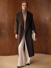 MOTF PREMIUM WOOL SOLID WATERFALL COLLAR SLANT POCKET BELTED OVERCOAT - Coffee Brown - View 5