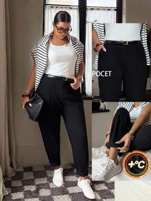 Dripcurv 大码女式黑色七分牛仔裤，适合所有季节，简约休闲，复古风格，百搭日常牛仔裤，是新年穿搭的完美之选。 - 黑色 - 查看 1