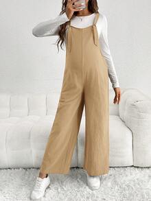 SHEIN 孕妇休闲可调节肩带宽松连体裤 - 卡其色 - 查看 3