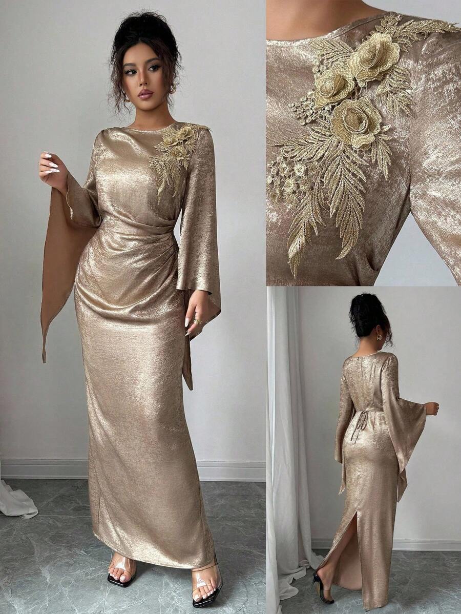 Elenzga Elegant French Style Gold Waist Ruched Asymmetric Flare Sleeve Bodycon Midi Dress - Gold - View 1