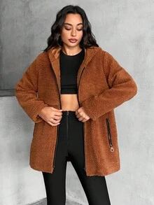 EURMUSE 舒适毛绒口袋魅力柔软细节，大胆风格毛绒口袋带来额外的温暖触感纹理，最大程度的舒适轻松凉爽与毛绒扭曲风格在每一个针脚中都与柔软相遇时尚外套与毛绒装饰舒适氛围的首选夹克您可以感受到的温暖，您可以看到的风格 - 棕色 - 查看 5