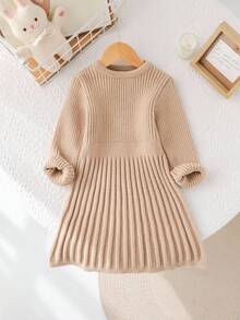 SHEIN 年轻女孩纯色圆领休闲毛衣裙 - 卡其色 - 查看 6