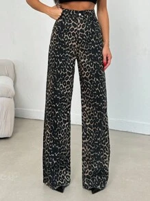EURMUSE 100% Cotton MID RISE WIDEEG CUT LEOPARD JEAN - Multicolor - View 3