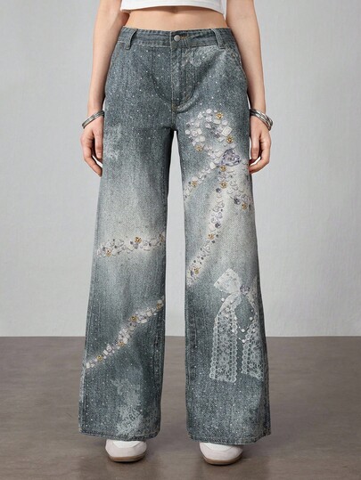 J-Fashion Y2K Retro Butterfly Lace Print Low Waist Jeans For Women