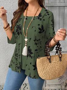 EMERY ROSE Summer Women's Floral Leaf Printed Patchwork 2 In 1 T-Shirt Graphic Tees Women Tops - Dark Green - View 5