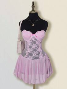 SHEIN ICON 女式性感蕾丝拼布蝴蝶结装饰迷你连衣裙 - 淺粉色 - 查看 1