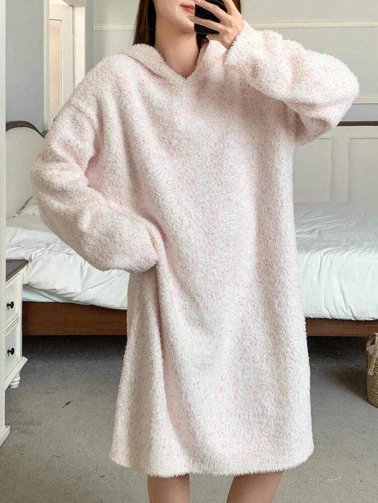 Women's Soft Floral Knit Hooded Loose Casual Lounge Dress, Winter, Fall Pajama