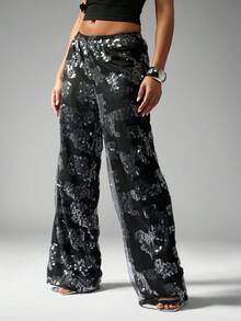 MISSGUIDED Pantalones palazzo de pierna ancha con lentejuelas, de cintura alta, para ocasiones especiales, fiestas, eventos festivos y salidas nocturnas - Negro - Ver 1
