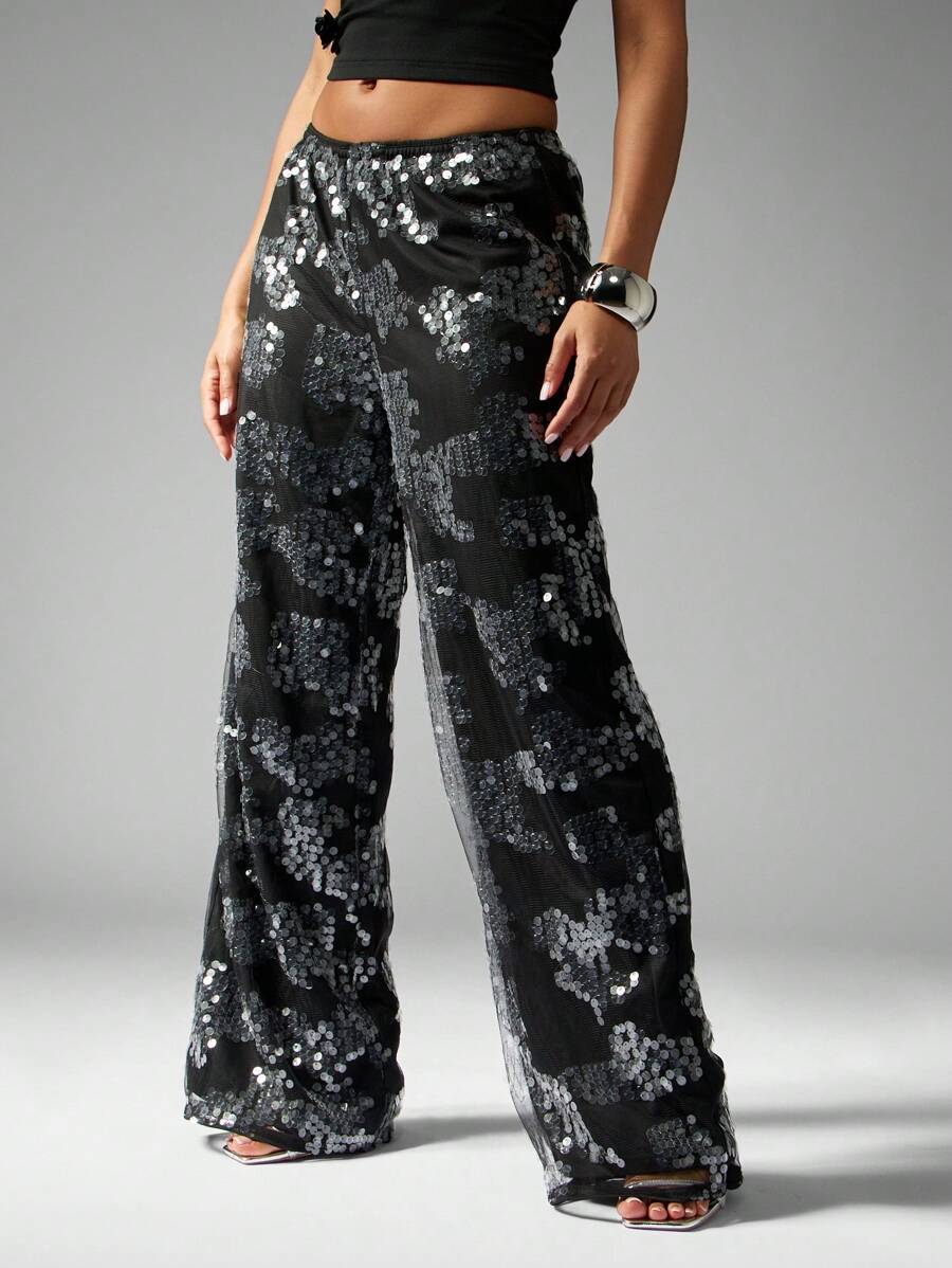 MISSGUIDED Pantalones palazzo de pierna ancha con lentejuelas, de cintura alta, para ocasiones especiales, fiestas, eventos festivos y salidas nocturnas - Negro - Ver 1