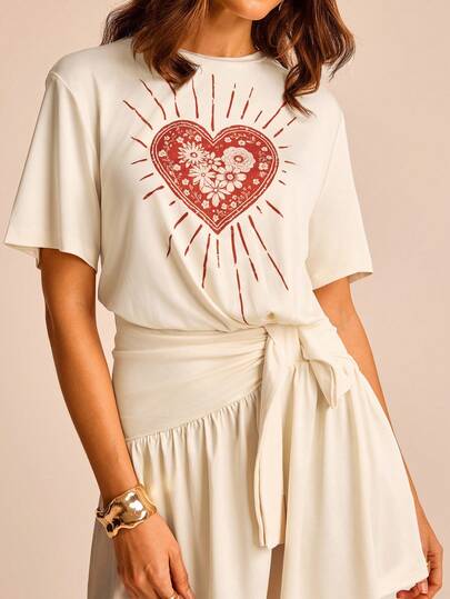 CAJUNI Women's Boho Tropical Resort Fun Heart & Floral Print, Beige Short Sleeve Waist Tie Bow Decor Cropped T-Shirt Dress