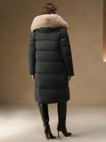 Anewsta 女士时尚休闲蓬松人造毛领中长款黑色绗缝外套，拉链款