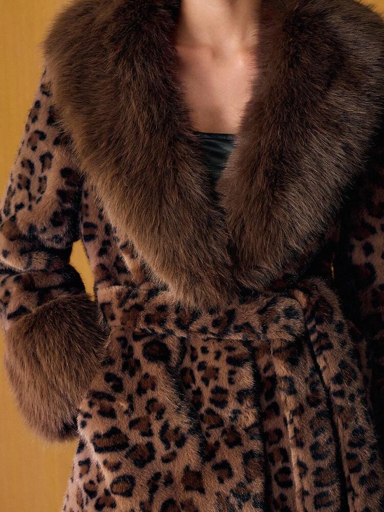 WOOL-LIKE FABRIC LEOPARD PATTERN FAZZY PANEL BELTED COAT