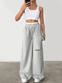 CasuGlow Cotton Drawstring Waist Casual Cut Out Wide Legs Sweatpants - Grey - View 3