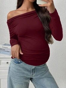 SHEIN 孕妇休闲纯色不对称领口褶饰修身 T 恤，春秋装 - 酒紅色 - 查看 4