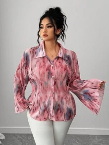 Elenzga Plus Size Women's Tie-Dye Drop Shoulder Long Sleeve Single-Breasted Loose Fashion Shirt