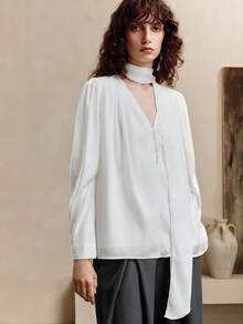 Arave Women's Chiffon Fabric H-Shaped Loose V-Neck Large Ribbon Shoulder Pleating Leg-Of-Mutton Sleeves Placket Mushroom Button Design Daily Commuting Long-Sleeved Shir Fall Clothes For Women Long Sleeve Shirt - Apricot - View 7