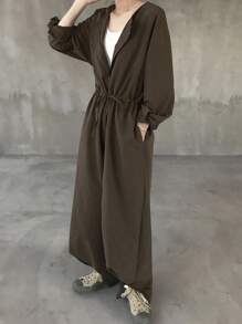 FRIFUL Bộ jumpsuit nữ màu nâu trơn, cổ tròn, cài cúc ở eo, ống thẳng, dáng rộng, thoải mái, thích hợp cho du lịch sân bay, mùa thu. - Cà phê nâu - Xem 1