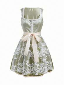 SHEIN Frenchy 2025新款慕尼黑啤酒节连衣裙巴伐利亚啤酒节传统服装绿色连衣裙女式蕾丝连衣裙，撞色蕾丝缎面短袖连衣裙配腰带，慕尼黑啤酒节连衣裙，慕尼黑啤酒节 Tracht，慕尼黑啤酒节，啤酒节，威斯恩，慕尼黑啤酒节连衣裙 - 綠色 - 查看 10