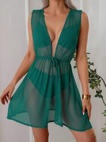 Swim Lushoire 女士夏季飘逸优雅浪漫宽松海滩夏日度假罩衫娃娃裙绿色连衣裙，适合外出 - 水鴨藍 - 查看 4