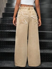 SHEIN 少女休闲都市Y2K星形图案卡其色优雅宽松牛仔裤，优雅简约百搭阔腿裤，秋冬季返校季街头风，舒适百搭，适合上学、居家和旅行，儿童宽松牛仔裤 - 卡其色 - 查看 2