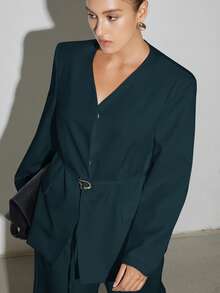 Aveloria Modichic 优雅长袖西装外套搭配直筒阔腿西装裤，办公室穿着 - 綠色 - 查看 1