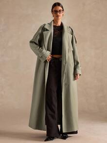 SHEIN BAE 女士简约缺口领长款宽松束带羊毛大衣，适合冬季 - 薄荷綠 - 查看 3