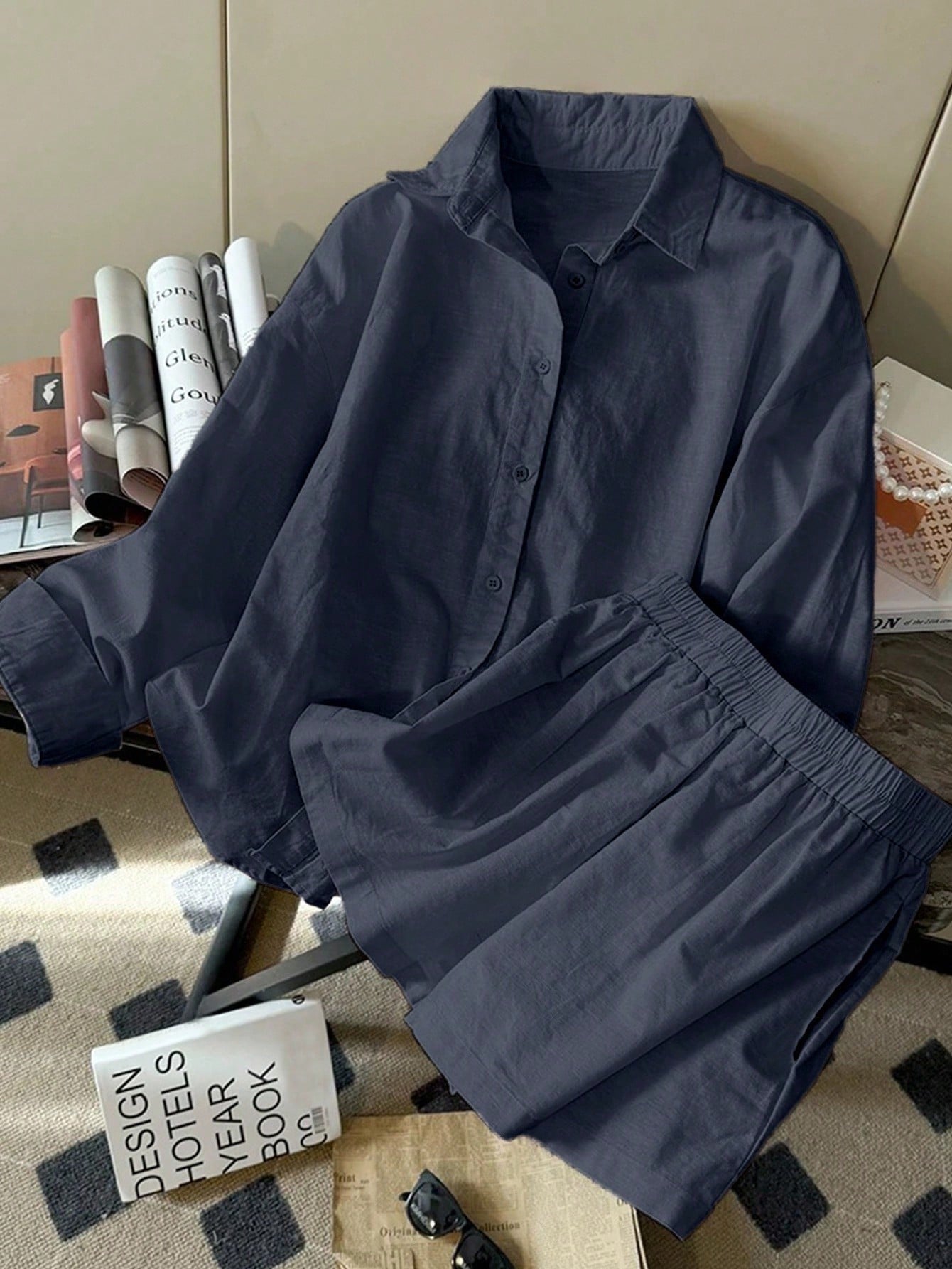 Linen long sleeve shorts set