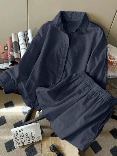 新款简约时尚亚麻休闲宽松长袖短裤两件套女士