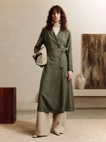 EMERY ROSE 女式 V 领系带腰部金属扣翻领优雅长袖超长连衣裙风衣外套 - 綠色 - 查看 3