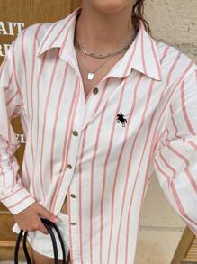 Jouncy 女式骑士刺绣条纹长袖休闲防晒衬衫 - 藕粉色 - 查看 6