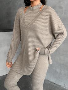 EURMUSE Bộ 3 áo sơ mi dài tay trễ vai màu trơn, áo vest lửng và quần dài thường ngày cho nữ mùa xuân/thu - Màu be - Xem 4