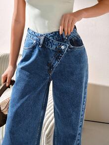 CLARA VERO 高腰开衩直筒牛仔裤 - 深色水洗藍 - 查看 7