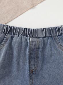 2件套男童恐龙压纹牛仔短裤套装 - 卡其色 - 查看 8