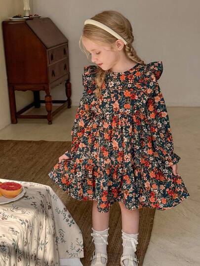 LMoss Kids Young Girl Ditsy Floral Round Neck Ruffle Hem Casual Dress,Long Sleeve Dark Blue,Autumn,Party Outfits,Fall Clothes For Kids,Winter Dress