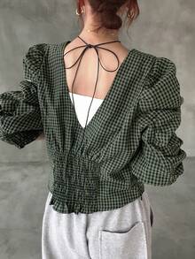 女士格子图案交叉领带撞色宽松灯笼袖休闲衬衫，街头风，秋季长袖 - 卡其色 - 查看 1
