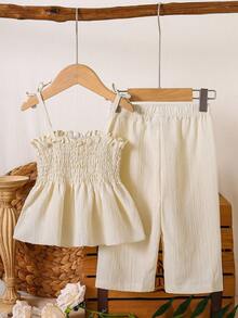 SHEIN Vintaside Kids Baby Girl Knitted Top And Ruffle Strap Set - Camel - View 2